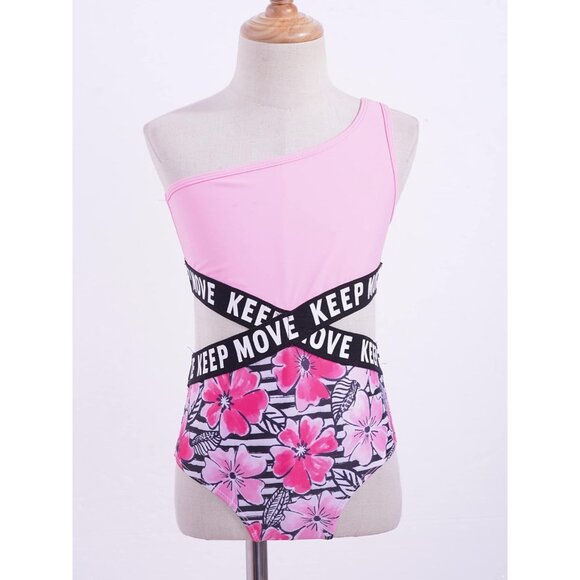 One-Shoulder Pink & Floral "Keep Move" Swimsuit Set For Teen Girl Size 14 - Picture 2 of 12